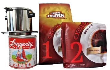 4 Teile um Kaffee wie in vietnam zuzubereiten, Creative 1 x 2, 1 Kaffeefilter und eine Dose gesüsste Kondensmilch